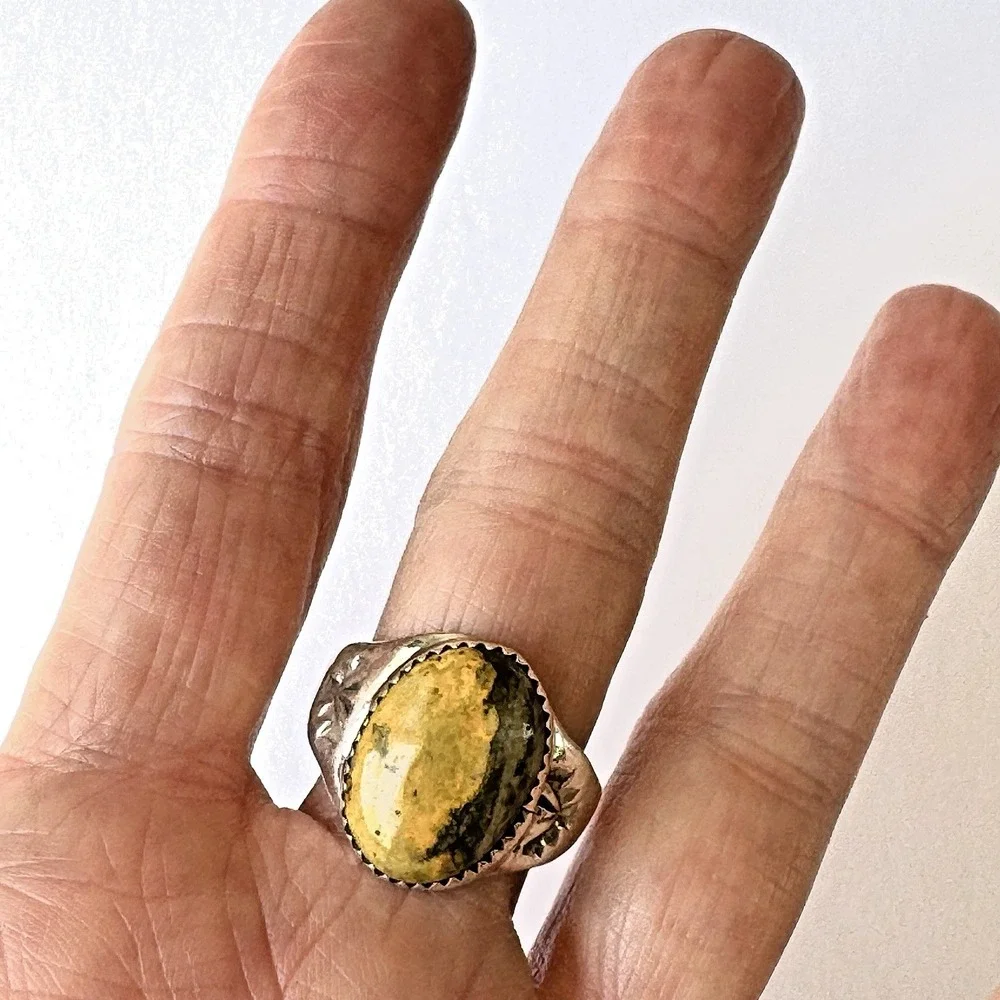 Navajo Bumblebee Jasper Mens Ring Sz 11.5 Annie Lincoln Sterling Handmade Band‎